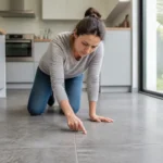 Inspection du carrelage cuisine sol, une femme vérifie les joints d'un nouveau revêtement gris.