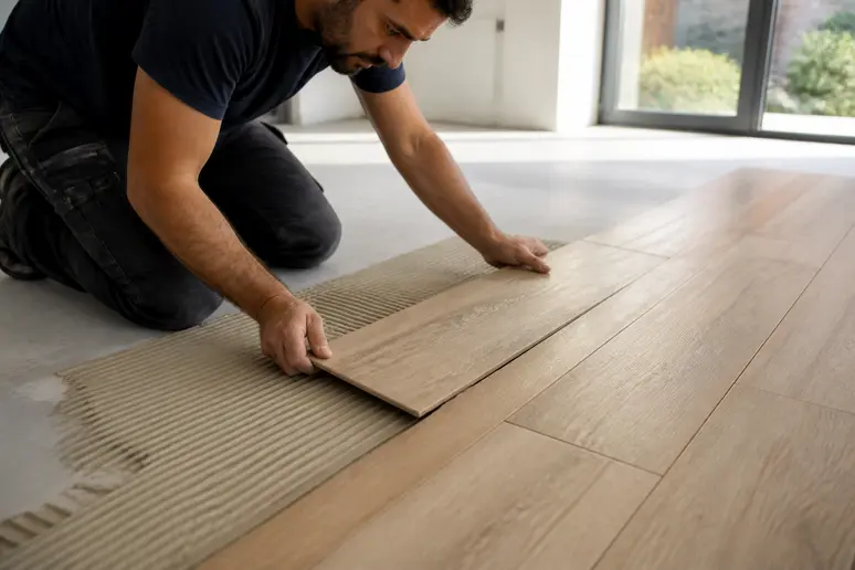 Pose de lames de carrelage imitation bois rectifiées, soulignant la finesse des joints.