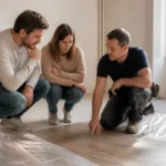 Choix d'un carrelage imitation bois par un couple et un professionnel dans un appartement en rénovation.