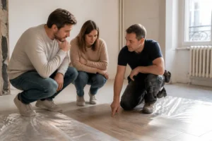 Choix d'un carrelage imitation bois par un couple et un professionnel dans un appartement en rénovation.