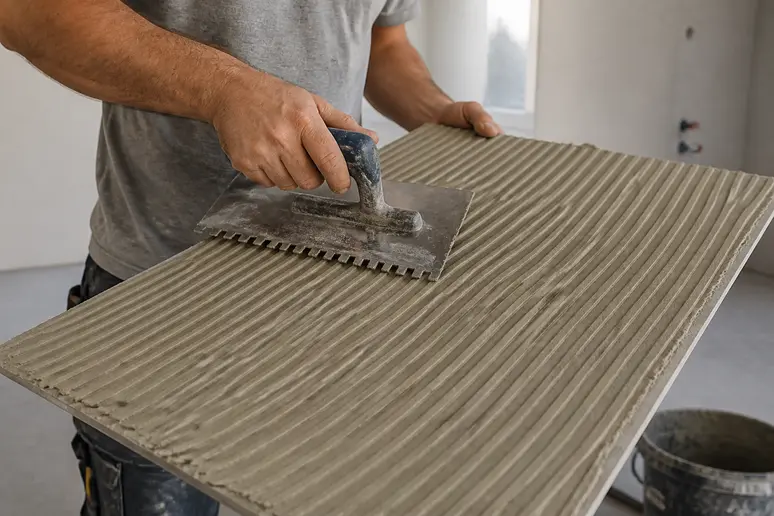 Mains d'un carreleur appliquant de la colle sur un grand carreau avec une truelle crantée lors de la pose.