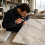 Artisan inspectant du carrelage marbre en grès cérame dans son atelier.