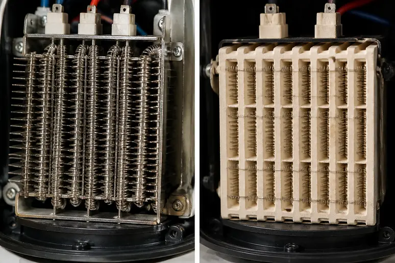 Comparaison rapprochée des résistances d'un chauffage soufflant : métal classique et bloc céramique.