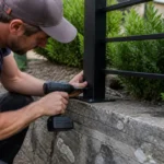 Installation d'une cloture sur mur en parpaing avec fixation solide pour durabilité.