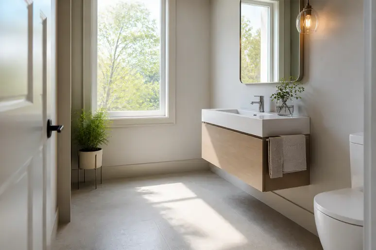 Petit meuble de salle de bain suspendu à faible profondeur, libérant l'espace au sol pour une circulation aisée.