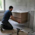 Installation d'un ensemble meuble salle de bain suspendu par un artisan qualifié.