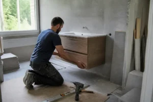 Installation d'un ensemble meuble salle de bain suspendu par un artisan qualifié.