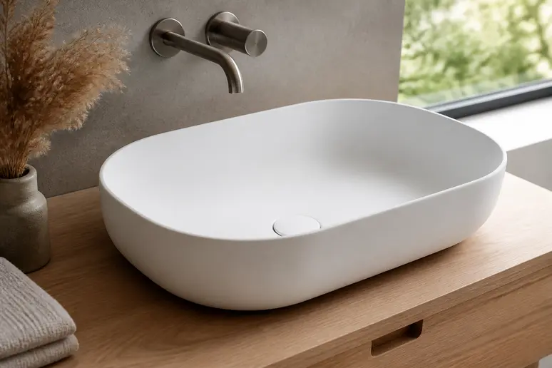Vaste vasque en céramique blanche avec une finition lisse et moderne dans une salle de bain.