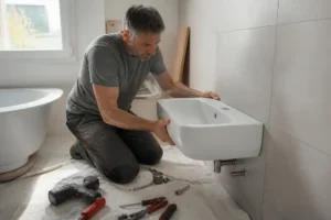 Installation d'un lavabo salle de bain Castorama par un artisan lors d'une rénovation domestique.