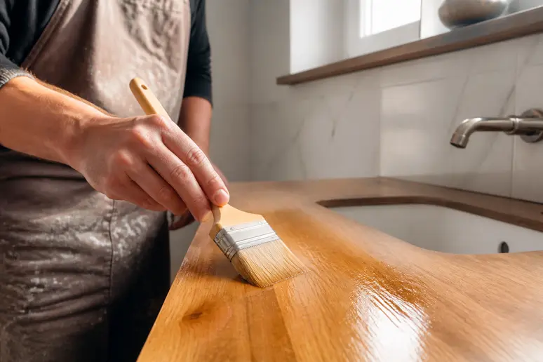 Application au pinceau d'une couche de vernis protecteur sur une surface en bois.