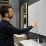 Acheteur choisit un meuble salle de bain Brico Dépôt mural moderne.