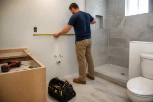 Installation d'un meuble sous lavabo salle de bain : mesure murale avant pose.