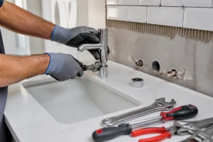 Installation d'un mitigeur salle de bain moderne par un professionnel, lors d'une rénovation.