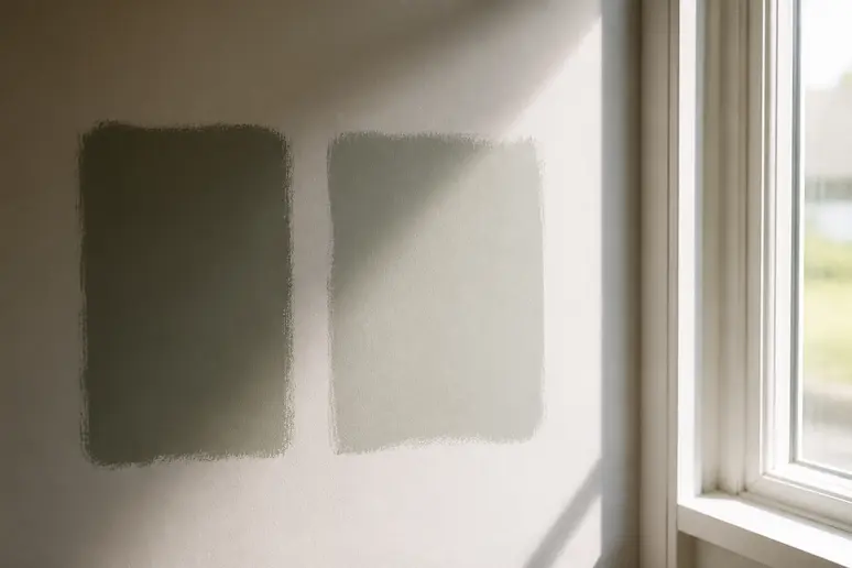 Deux échantillons de peinture sur un mur, l'un dans la pénombre, l'autre sous la lumière vive, montrant le changement d'aspect.