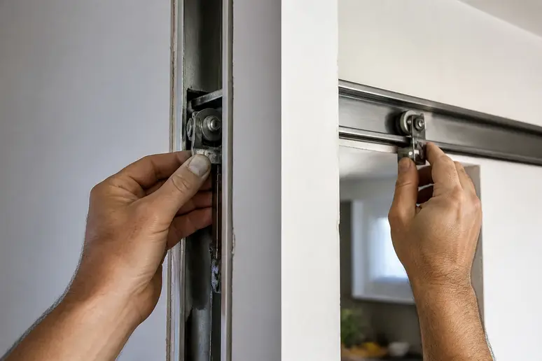 Installation d'une porte coulissante, d'un côté le rail intégré à la cloison, de l'autre le rail fixé sur le mur extérieur.