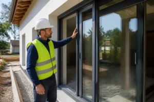 Installation d'une porte coulissante extérieur en aluminium dans une nouvelle construction résidentielle.