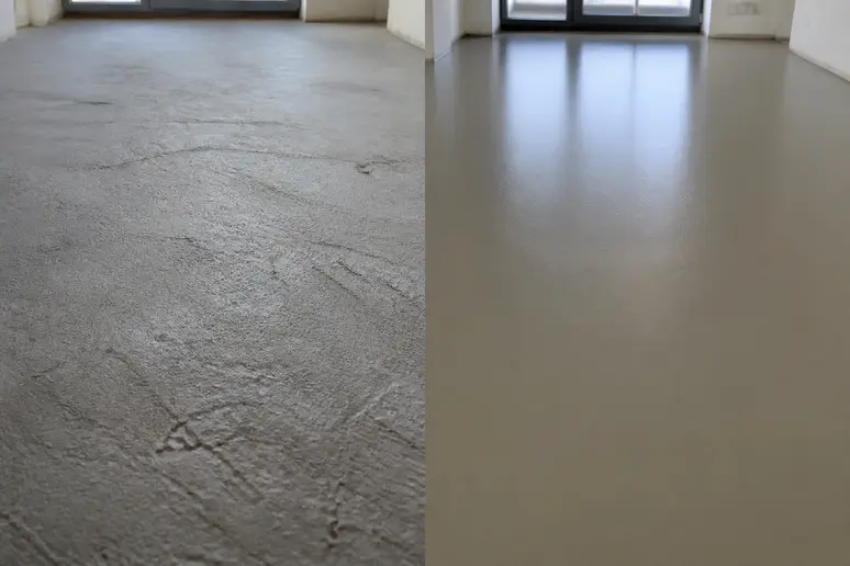 Comparaison côte à côte d'un sol brut et d'un sol préparé avec un ragréage lisse.