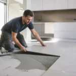 Professionnel posant du carrelage grand format : prix pose carrelage m2 pour rénovation intérieure.
