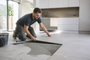 Professionnel posant du carrelage grand format : prix pose carrelage m2 pour rénovation intérieure.