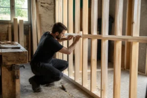 Artisan menuisier installant une séparation en bois dans son atelier. Choix matériaux.