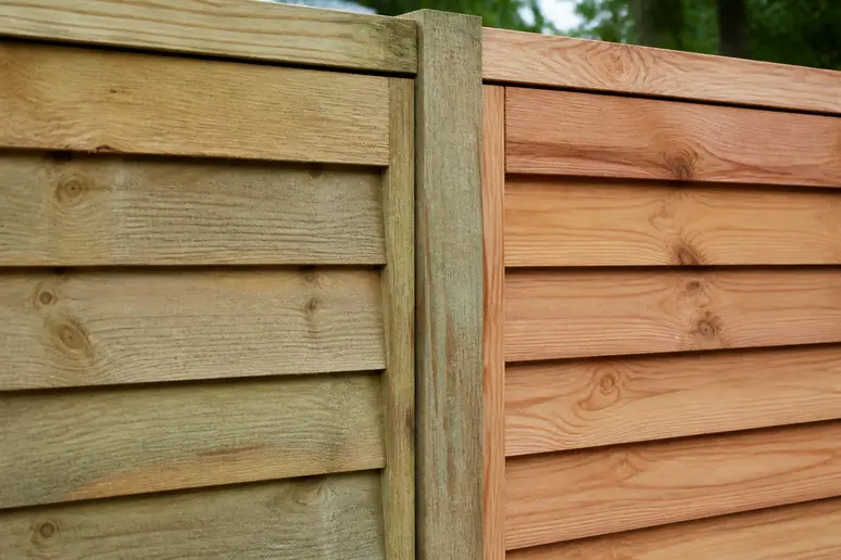 Échantillons de bois comparant le pin traité et le douglas pour un choix de panneaux de clôture en bois