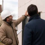 artisan et propriétaire examinant une isolation sur un chantier de rénovation thermique travaux aides en cours