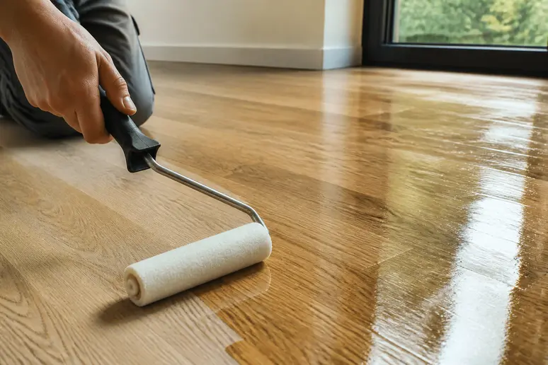 Application d'un vitrificateur parquet au rouleau à poils courts pour éviter les micro-bulles.