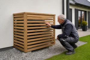 Installation d'un cache en bois ajouré permettant de cacher une pompe à chaleur sans bloquer la ventilation