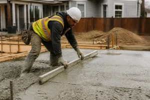 Un artisan étale du béton frais sur un chantier pour calculer une dalle béton selon les normes.