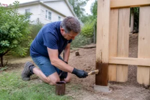 propriétaire appliquant de la lasure sur une clôture bois choisir installer entretenir dans un jardin