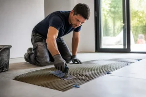 artisan appliquant du mortier-colle sur le sol, illustrant comment choisir colle carrelage pour un chantier