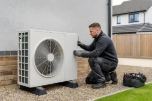 Un technicien qualifié contrôle une pompe à chaleur Daikin installée à l'extérieur d'une maison moderne