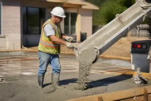 Chantier de construction avec une dalle béton dosage épaisseur pose réalisée par un artisan professionnel