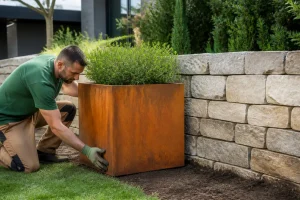 Aménagement paysager contemporain mettant en valeur un décor extérieur jardin en acier corten et pierre naturelle