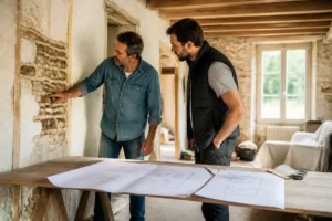 Propriétaire et artisan discutant des plans lors d'un chantier de rénovation intérieure maison.