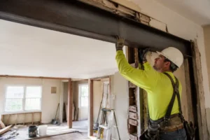 Chantier de rénovation avec la pose d'un IPN mur porteur pour l'ouverture d'une cloison intérieure.