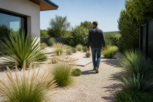 Aménagement paysager pour un jardinage moderne avec des plantes graphiques et un sol minéral.