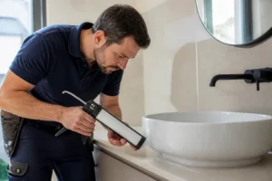 artisan appliquant du joint silicone pour choisir plan travail salle bain étanche