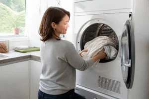 Utilisation d'un des meilleurs sèche-linge pompe à chaleur dans une buanderie moderne lumineuse