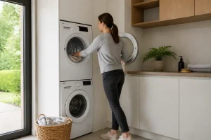 Utilisateur chargeant du linge dans un sèche-linge pompe à chaleur bosch moderne.
