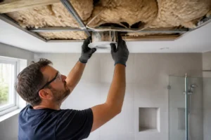 Artisan posant des spots encastrables salle de bain installation sous isolant thermique avec boîtier de protection