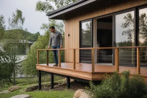 Propriétaire vérifiant la structure de sa nouvelle terrasse bois sur pilotis installée devant sa maison.