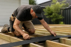 artisan posant une bande bitumineuse sur les lambourdes pour une terrasse bois sur plot
