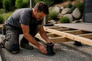 artisan ajustant un plot en plastique lors d'une pose terrasse bois sur plots dans un jardin
