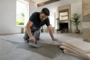 Pose professionnelle d'un carrelage travertin guide avec peigne à colle sur sol intérieur